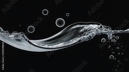 Wave of clear water with bubbles rising against a black background