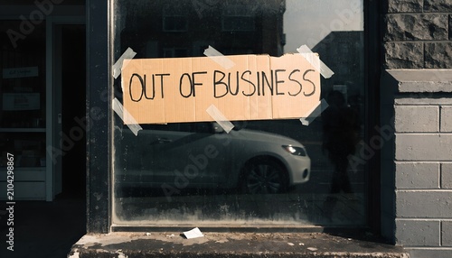 Out Of Business Sign Handwritten On Cardboard Taped To A Dusty Storefront Glass Window Reflecting Car