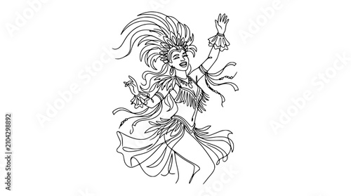 Foto Joyful Dancer in Feathered Costume with Headpiece, Line Art Illustration