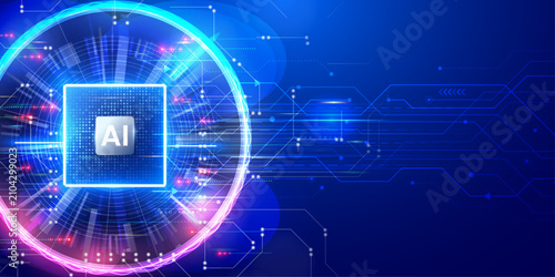 Konstfotografi Artificial intelligence processor chip set on futuristic glowing digital network background