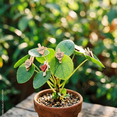 Pilea Plant with Eco Messages on Leaves, Save Earth, Love Earth, Ecology