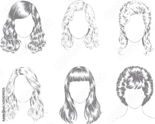 Fotografie Colección de peinados femeninos dibujados a mano con varios cortes y estilos par