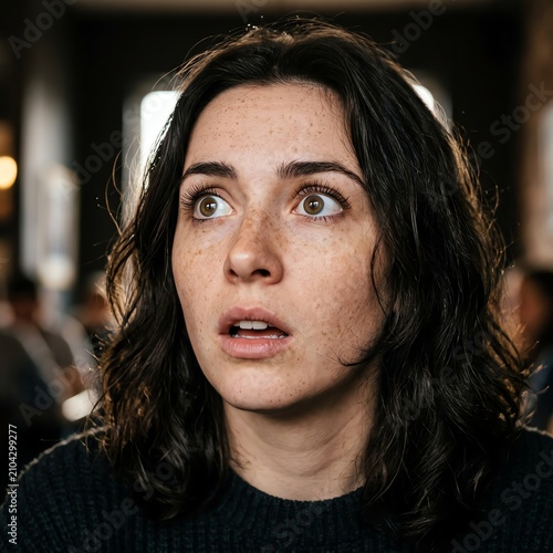 Surprised Young Woman with Freckles, Wide Eyes, Open Mouth, Looking Away