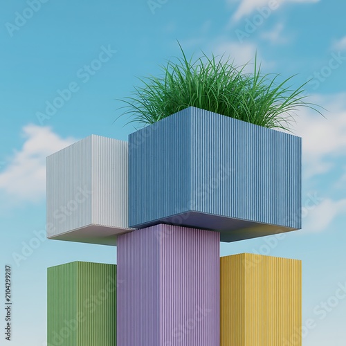 Colorful modern planter box with green grass on a sunny day with blue sky