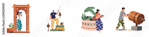 Fotografía Set of flat vector illustrations depicting tourists exploring Indian culture, visiting temples, sightseeing through ornate arches, and engaging in local spiritual traditions