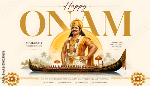Onam celebration King Mahabali with snake boat and glowing sun honoring Kerala heritage illustration design