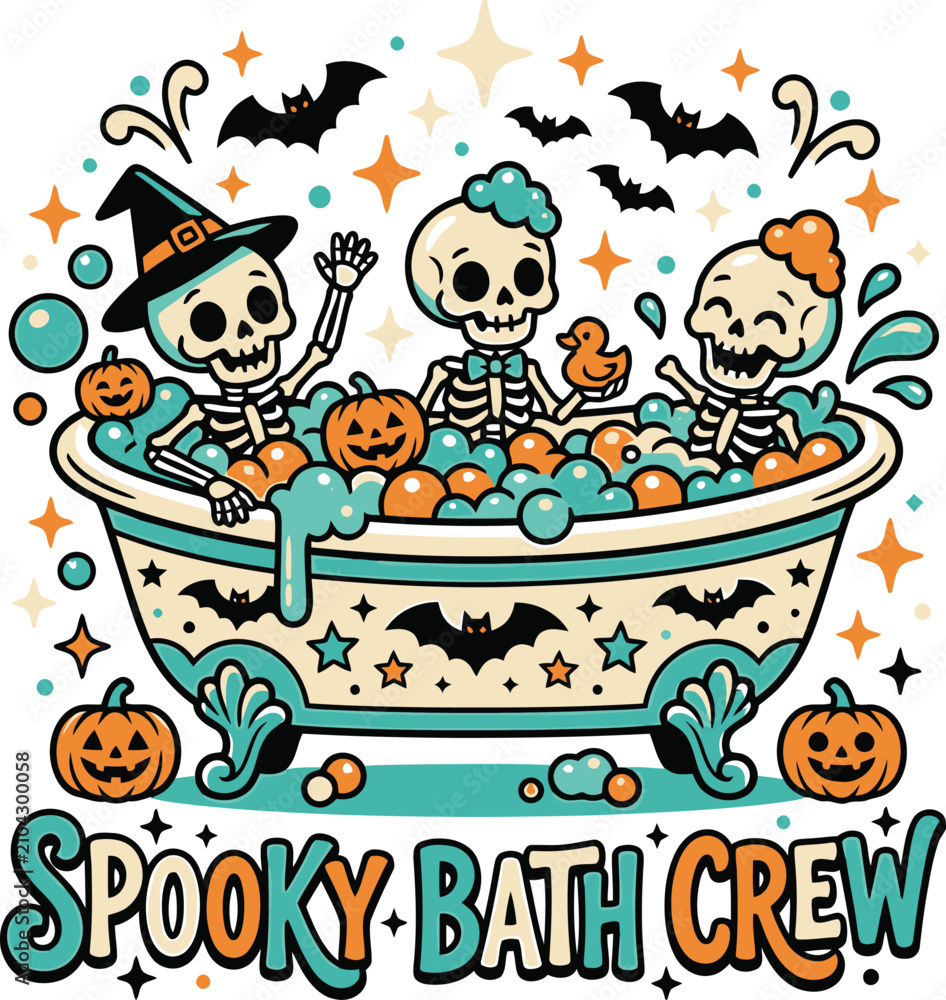 Naklejka premium Spooky halloween shirt design skeletons in bathtub with pumpkins festive october graphic for apparel