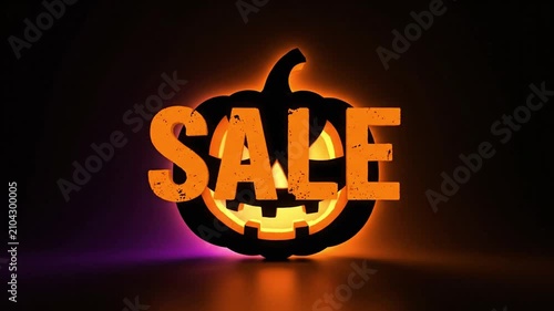 Glowing Halloween Jack-O-Lantern Display Featuring SALE Carved Letters and Warm Orange Illumination.