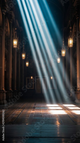 Dramatic architectural photograph of a dark interior space with bright rays of sunlight