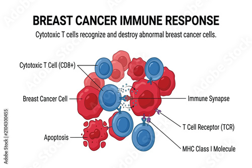 Illustration showing immune synapse between T cells and breast cancer cells.