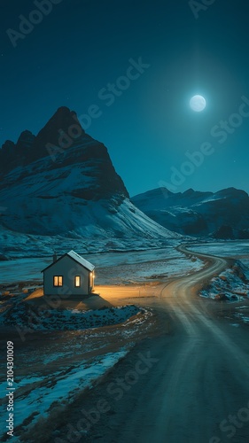 Surreal nighttime landscape photography with a glowing house under a bright full moon