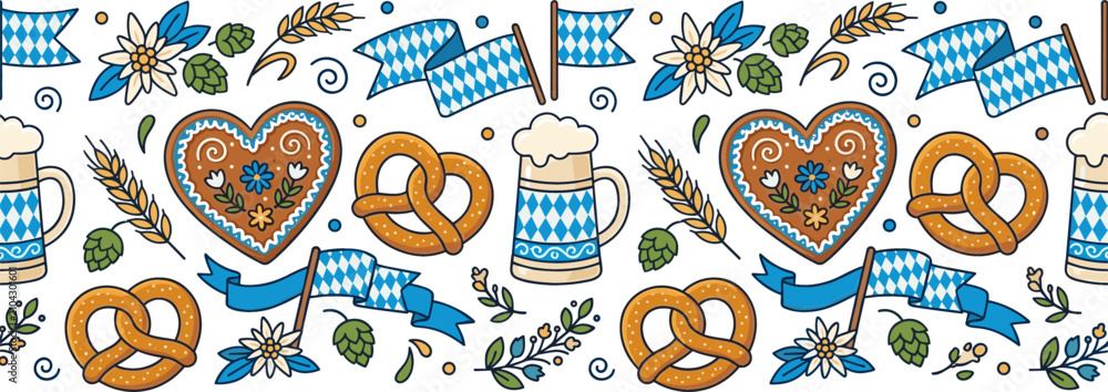 Obraz premium Oktoberfest Seamless Border Pattern with Traditional Bavarian Elements Beer Mugs Pretzels Gingerbread Hearts Bavarian Flags Hops and Edelweiss Flowers for Autumn Festival Designs