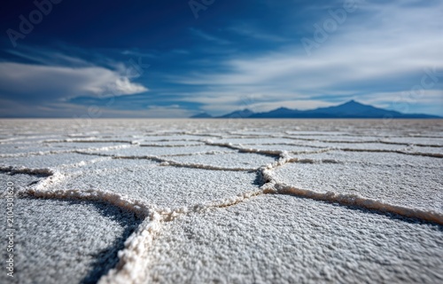 Expansive landscape of the salar de uyuni salt flats in bolivia under blue sky with landscape textured mountain outdoors wilderness crystalline environment geological formation destination