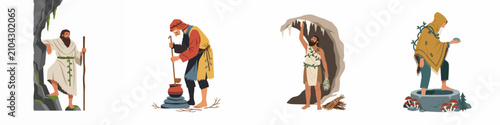 Photos Set of bearded hermits and ascetics living in isolation, featuring various scenes of primitive life, cave dwelling, and ancient survival practices