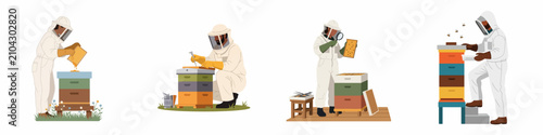 Εκτύπωση καμβά Set of illustrations featuring professional beekeepers in protective gear working with colorful beehives to harvest honey and maintain the apiary