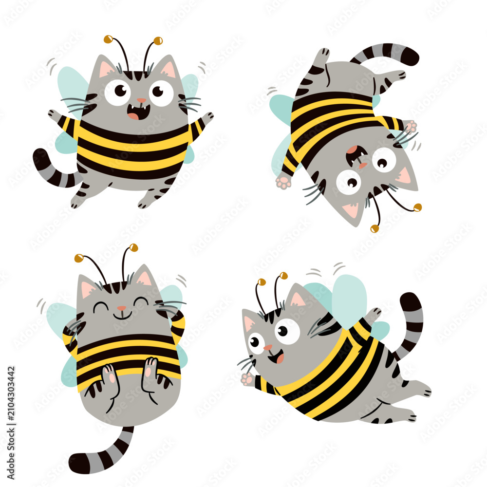 Obraz premium Cute kittens in striped vests with wings and whiskers, bee-themed cats flying in various poses. A set of flat vector illustrations in a simple, child-friendly style. Vector illustration