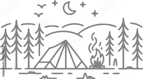 Foto Línea minimalista de una escena de camping con una tienda, hoguera, pinos y vist