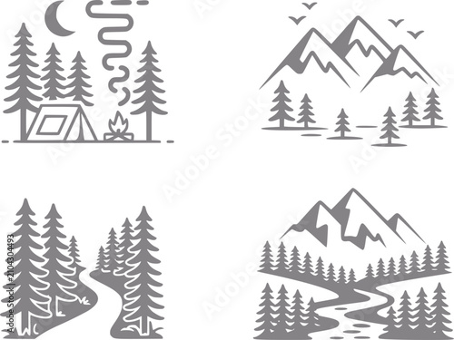 Tableau sur toile Conjunto de cuatro diseños minimalistas de naturaleza y aventura al aire libre c