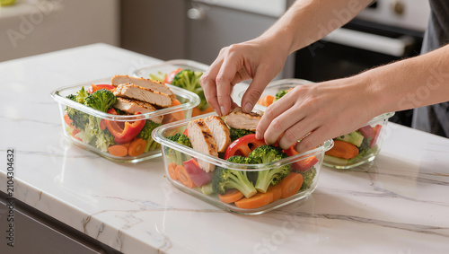 Hands Preparing Healthy Chicken Meal Prep Containers