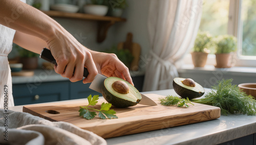 Hands Cutting Fresh Avocado on Wooden Kitchen Board