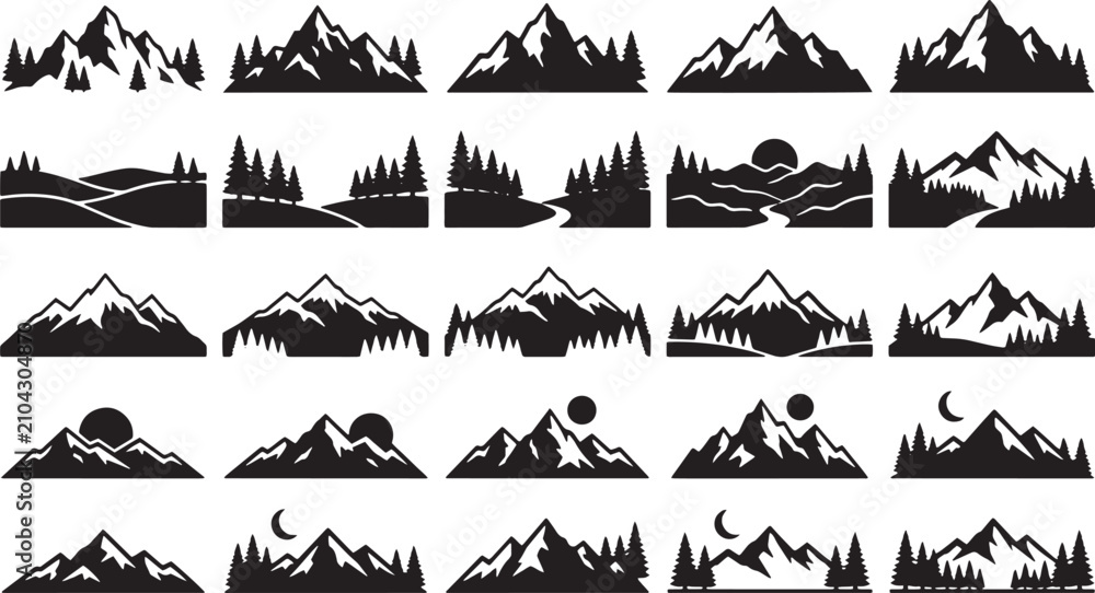 Fototapeta premium Dramatic alpine peaks silhouette, layered mountain range black vector illustration for scenic nature background, adventure travel poster, wallpaper and cover design