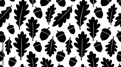 Seamless pattern with black oak leaves and acorns in a simple hand drawn style for autumn Vector