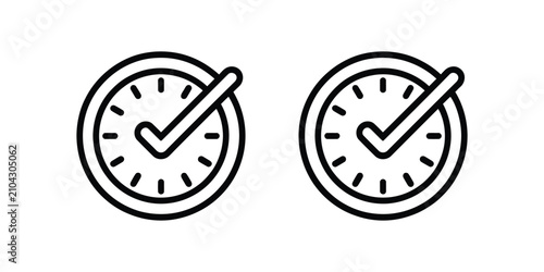 Clock icon featuring check mark, on time delivery, deadline completion, productivity, schedule management, and vector illustration