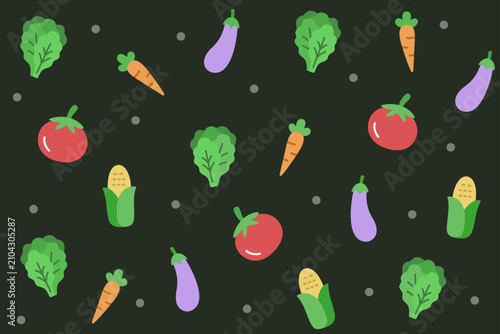 Vegetables seamless pattern. Carrot, cabbage, eggplant, tomato and corn on dark background. Fresh farm harvest theme. Seamless vector pattern.