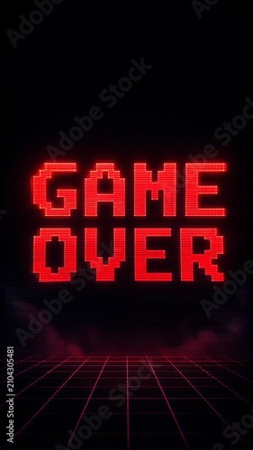 Vertical GAME OVER screen pulses with red neon light above a dark cyber grid in a dramatic retro arcade animation about defeat and finality