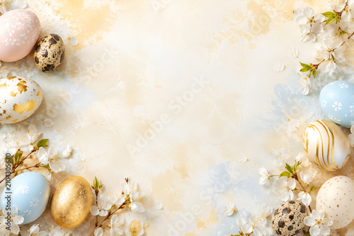 Elegant Easter Background with Decorative Eggs and Spring Blossom Border. Golden