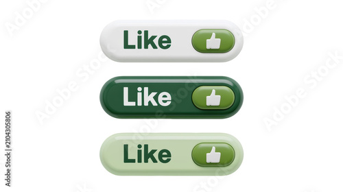 3D Glossy green like buttons with thumbs up icons designed for modern web interface on transparent background