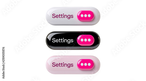 3D, Settings button collection with glossy pink toggle switches rendered in three distinct colors on transparent background