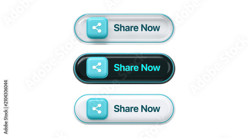 3D Share now buttons with glossy cyan icons and modern rounded shapes isolated on transparent background