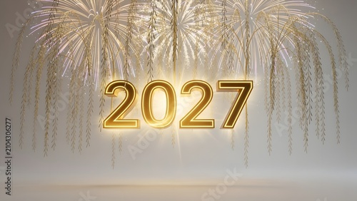 Golden 2027 text with glowing fireworks background for New Year celebration.