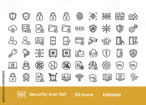 Security Line Icons Set – Cyber Security, Data Protection, Privacy, Authentication, Editable Stroke Vector Collection