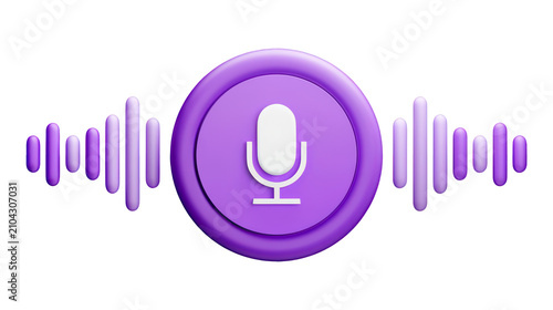 Purple microphone icon with digital sound wave bars rendered in a high quality 3D style on transparent background