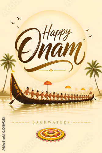 Onam celebration featuring graceful snake boat beneath radiant sun with colorful Pookalam illustration design together