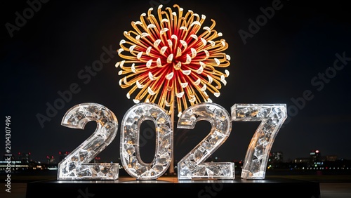 Illuminated 2027 sign with a decorative firework sculpture at night for New Year celebration.