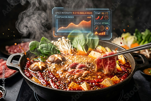 Asian culinary hot pot boiling stew splash with smart kitchen dashboard