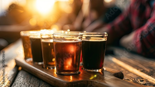 Diverse beer selection presented in tasting glasses, bathed in warm golden sunlight