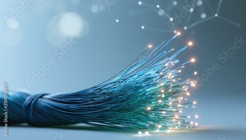 Glowing fiber optic strands connected to a digital network
