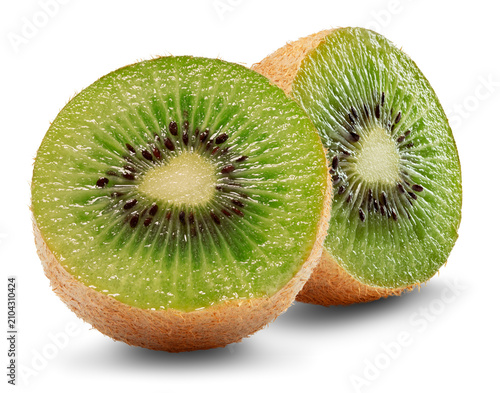Two slices of fresh kiwi fruit isolated on a white background