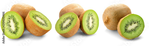 Kiwi fruit halves and whole fruits isolated on a white background