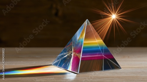 A glass prism on a wooden surface refracts light into a vibrant rainbow spectrum