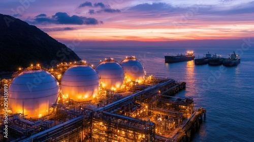 Illuminated industrial spheres on coast with ships under twilight sky