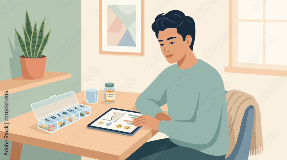 Fototapeta premium Man using tablet for medication management, pill organizer and water on table.