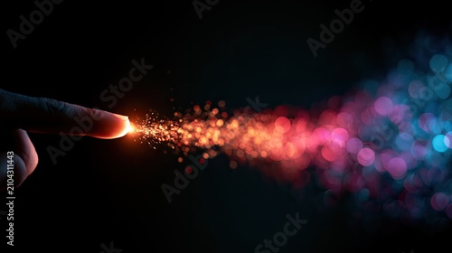 A fingertip touches glowing particles, creating a vibrant stream of light