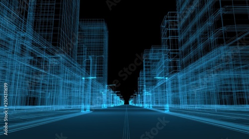 A futuristic city grid, rendered in glowing blue wireframe, stretches into darkness