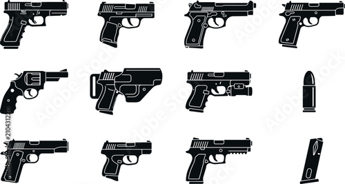 Obraz na płótnie Handgun and Pistol Solid Silhouette Icon Set Featuring Revolvers Bullets Holster
