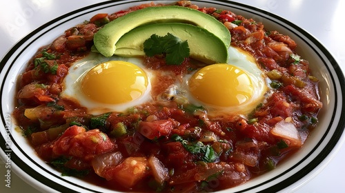 A vibrant dish of eggs nestled in a chunky, seasoned tomato and vegetable sauce